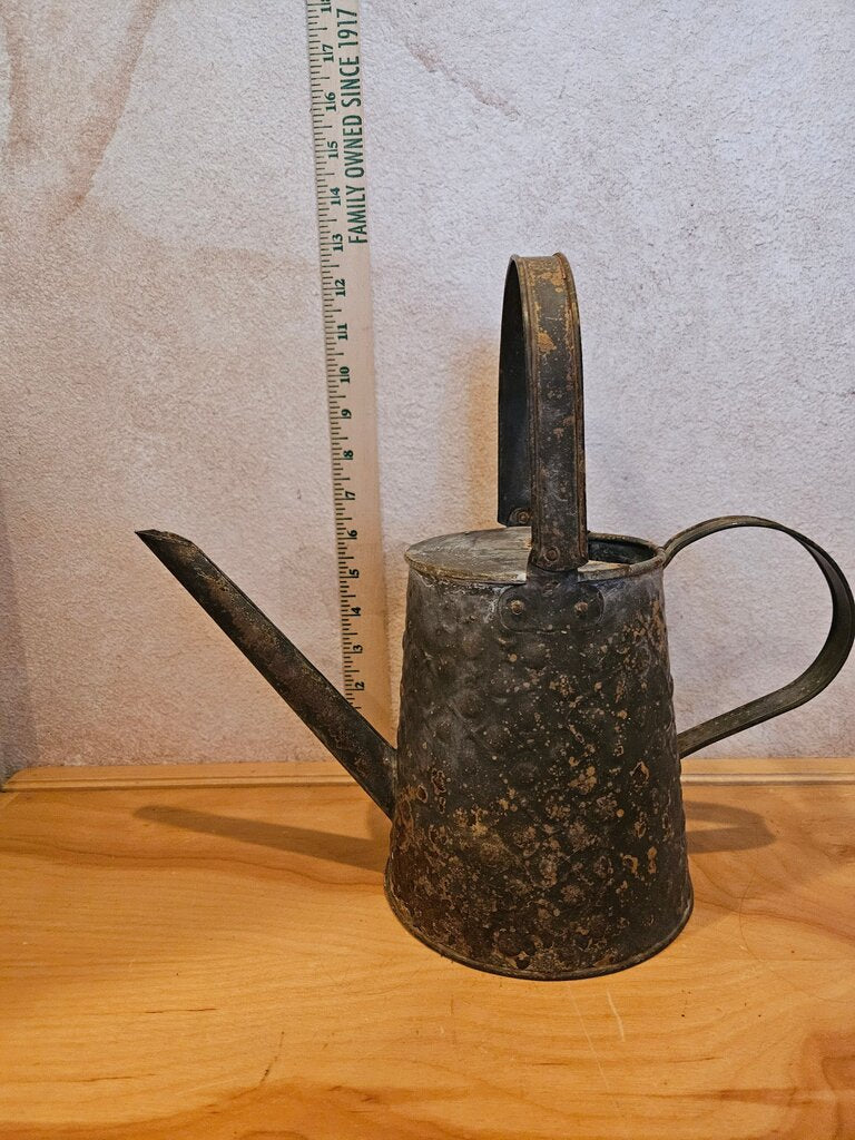 Antique Vintage Hammered Stamped Motif Thin Metal Watering Can with copper accents