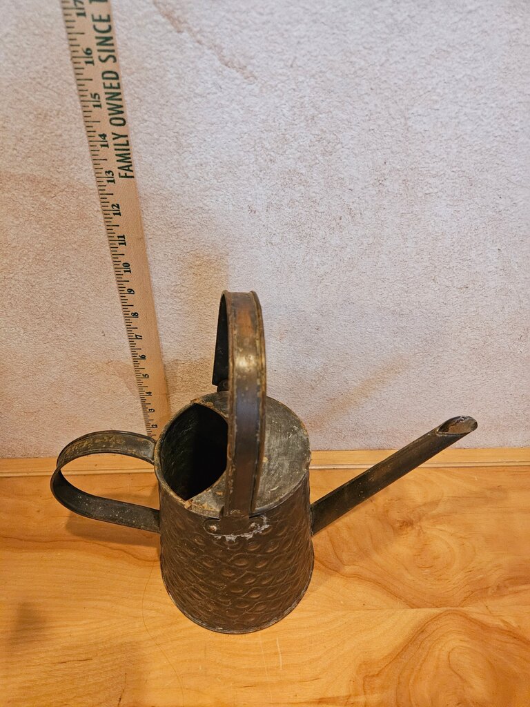 Antique Vintage Hammered Stamped Motif Thin Metal Watering Can with copper accents