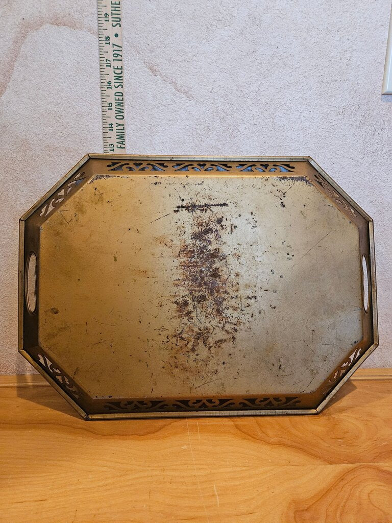 VIntage Ornate Large Toleware Octagon Serving Tray Hand Painted Gold White Green Reticulated filigree design