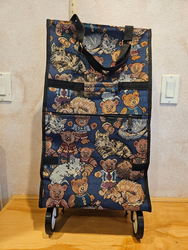 Large Tapestry style Rolling Tote Travel Bag Teddy Bears Foldable Wheels w Stand Tapestry Shop