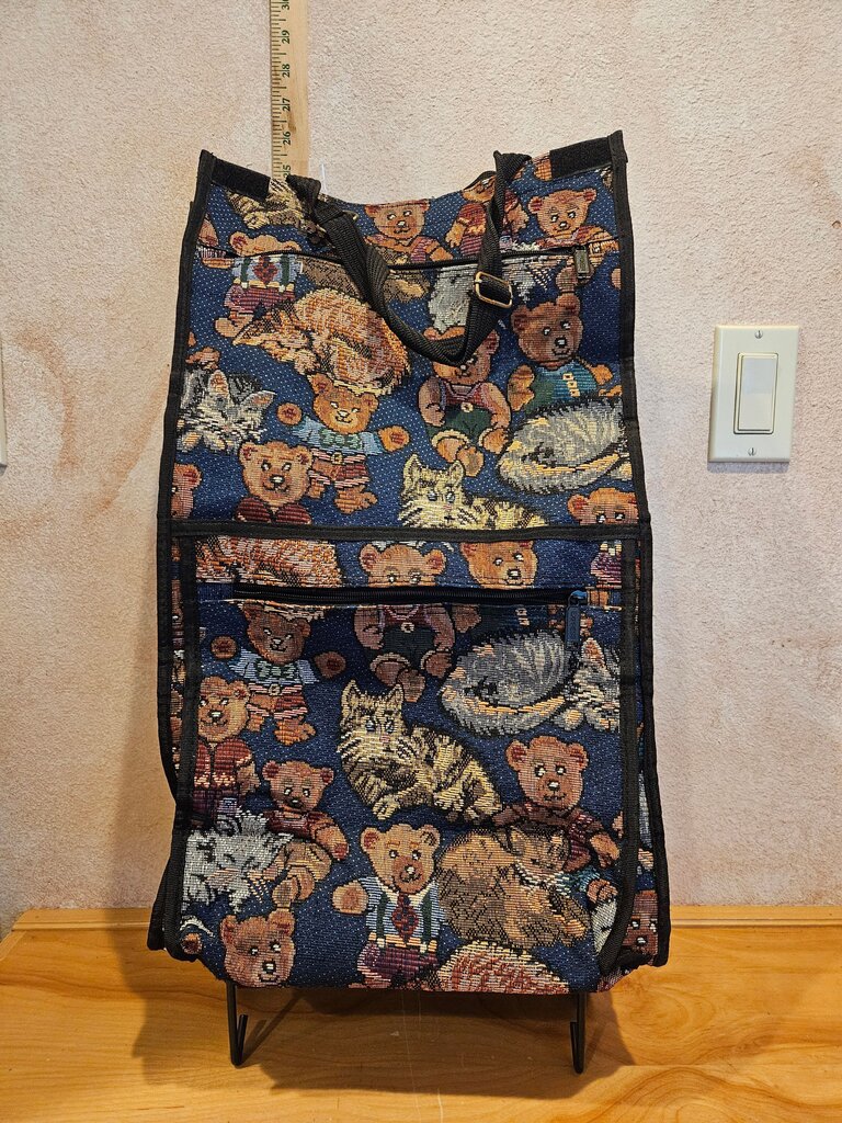 Large Tapestry style Rolling Tote Travel Bag Teddy Bears Foldable Wheels w Stand Tapestry Shop