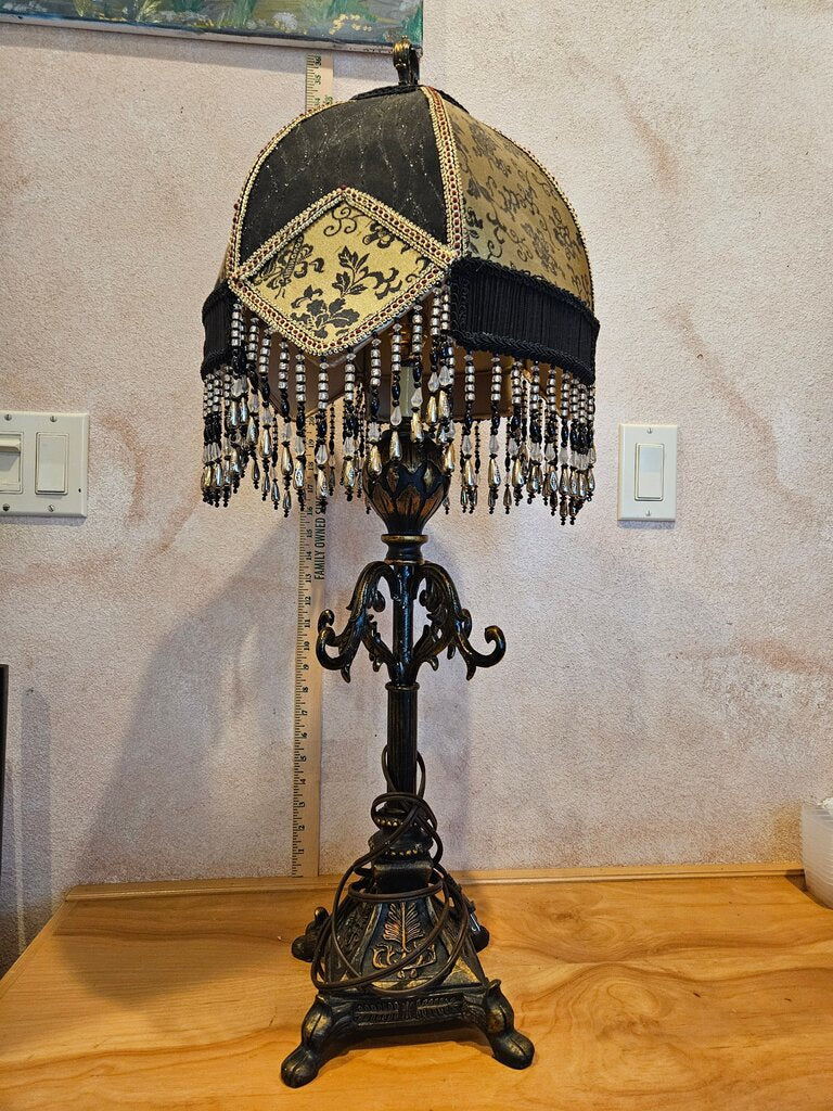 Victorian Style Gothic Gold black Lampshade w beaded Fringe wrought iron base wicken gobblincore
