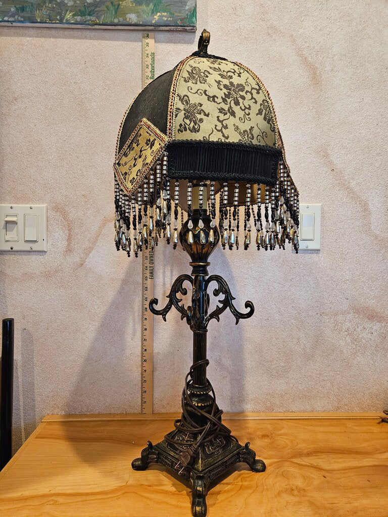 Victorian Style Gothic Gold black Lampshade w beaded Fringe wrought iron base wicken gobblincore