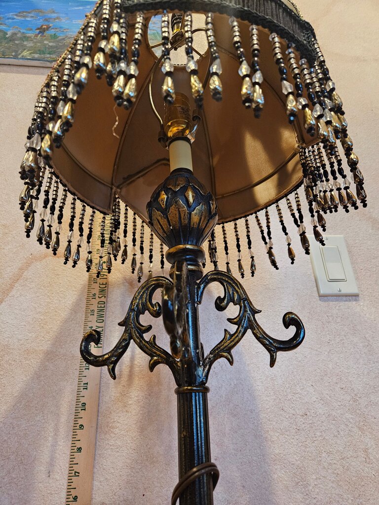 Victorian Style Gothic Gold black Lampshade w beaded Fringe wrought iron base wicken gobblincore