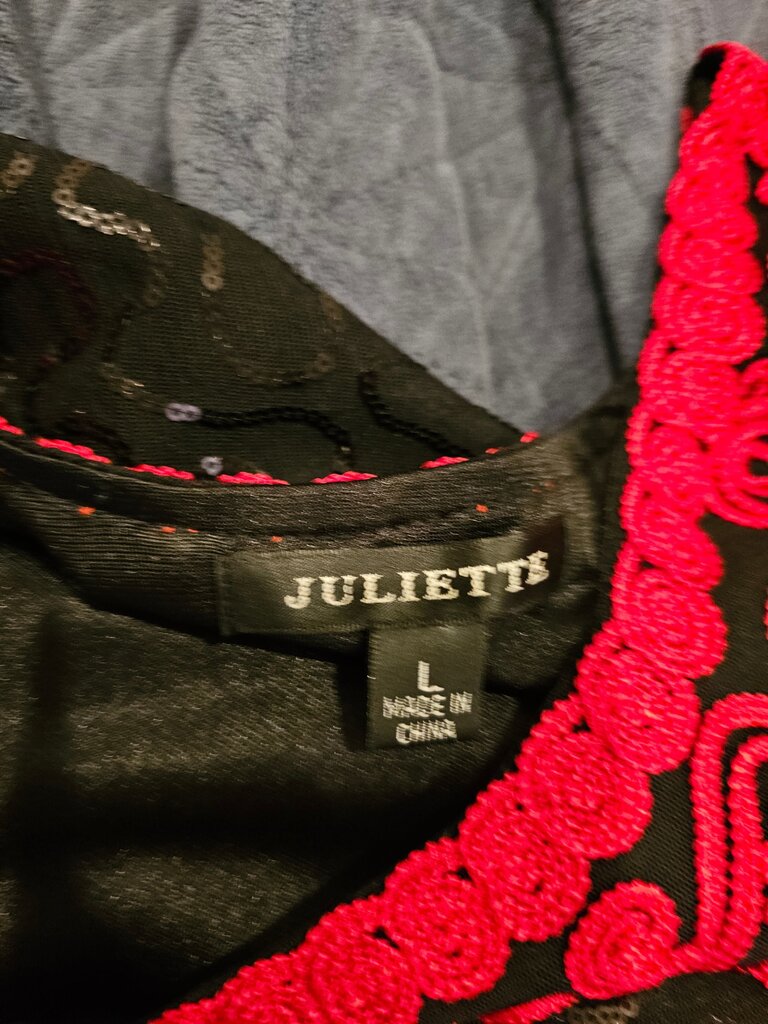Juliette Women's Large Black and Pink Embroidered Top
