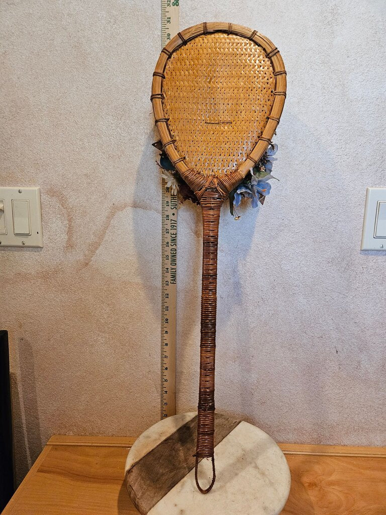 Antique Rattan Woven Wood Bamboo Straw rug beater / racquet / fly swatter / fan cottagecore display
