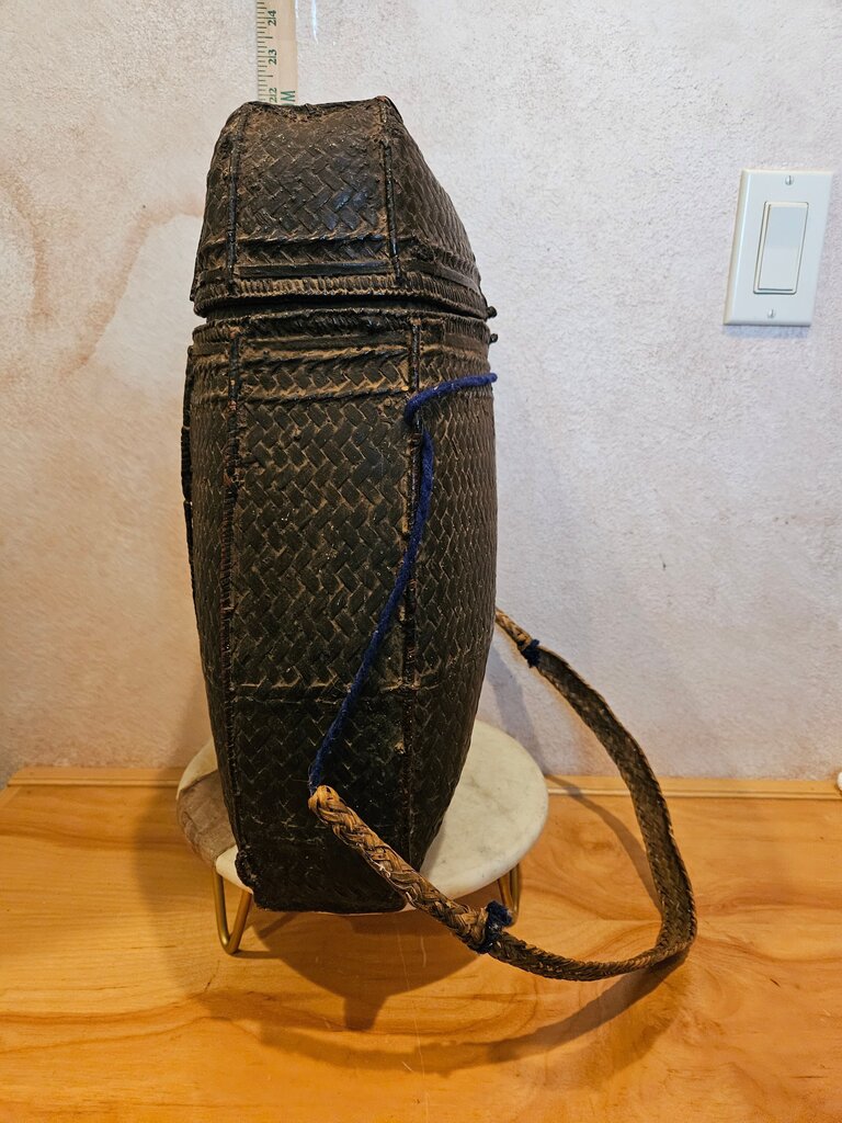 Antique Southeast Asian Karen Tribe Basket, Antique Lacquered Karen Tribe Basket, Antique Rattan Storage Basket w handles