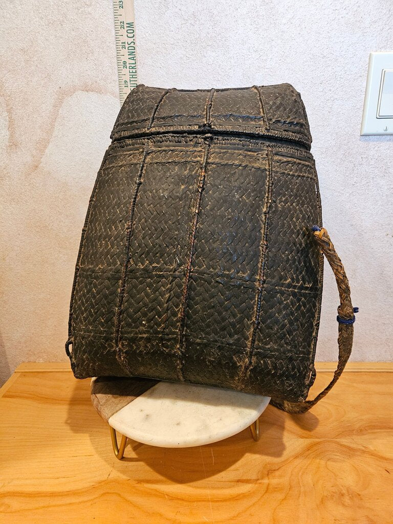 Antique Southeast Asian Karen Tribe Basket, Antique Lacquered Karen Tribe Basket, Antique Rattan Storage Basket w handles