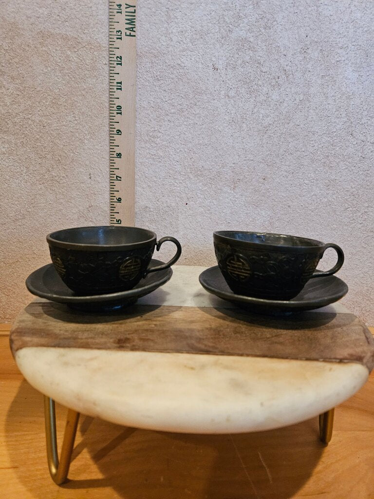 Vintage Black Ceramic Tea Cups with Saucers