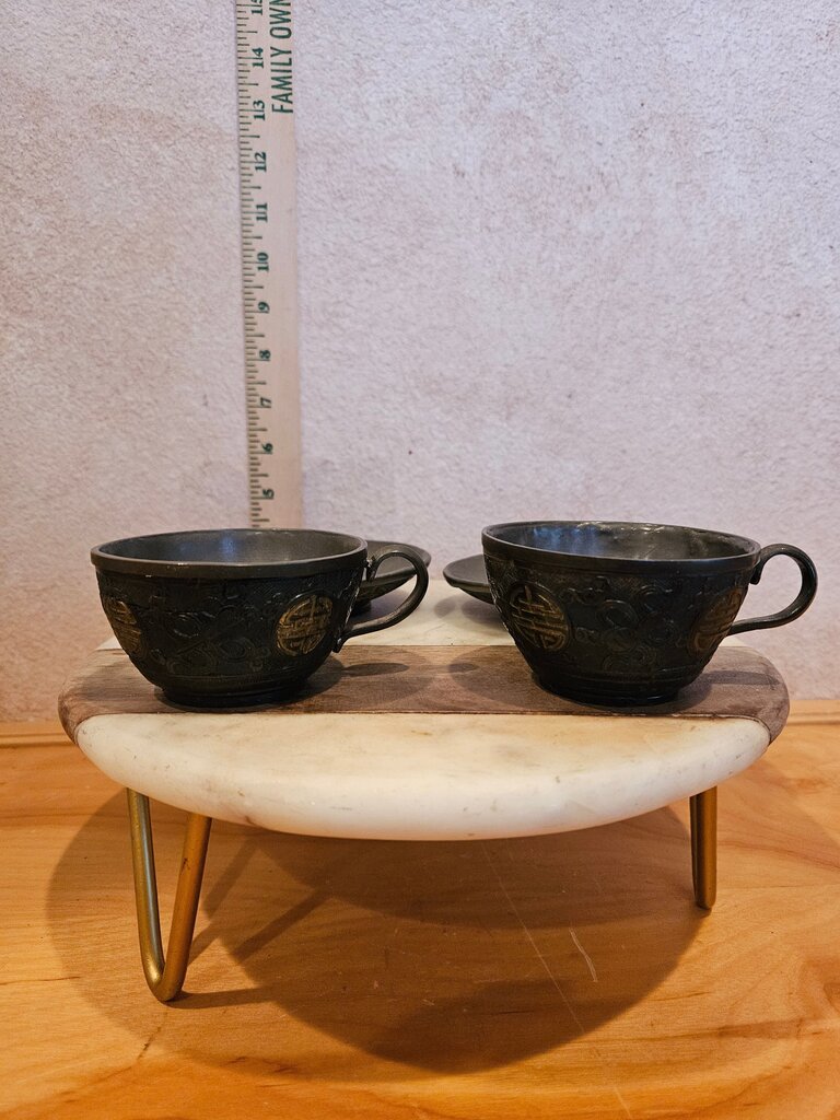Vintage Black Ceramic Tea Cups with Saucers