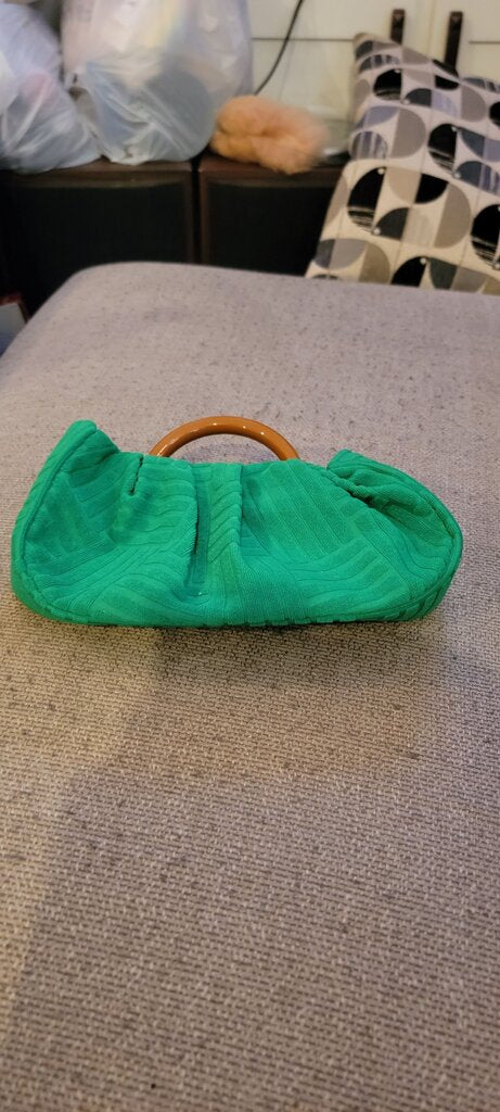 Green Fabric Handbag with Wooden Handle