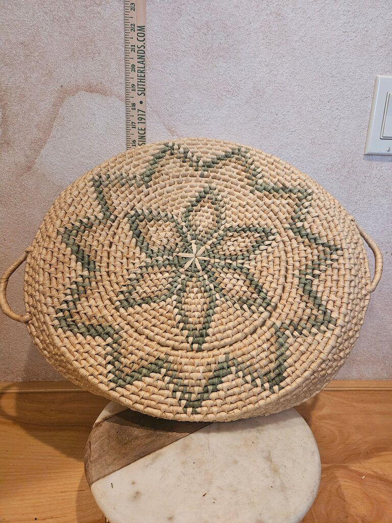 vintage coiled woven grass basket tray, rustic modern bohemian wall hanging plant pot display holder