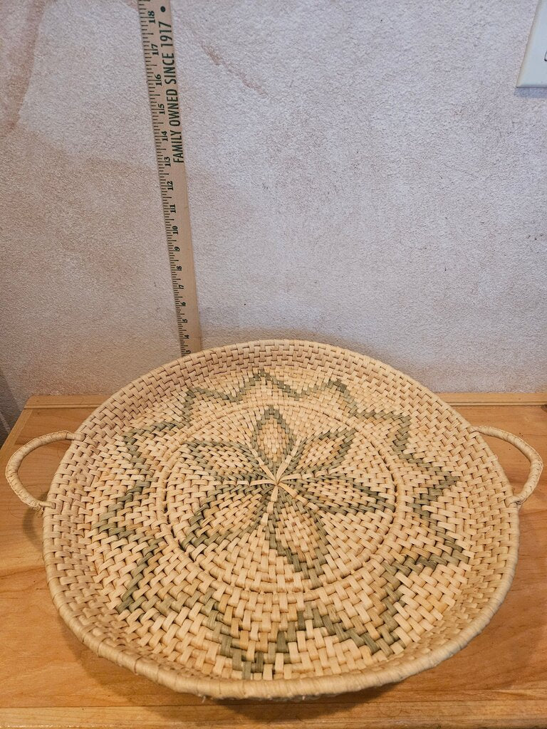 vintage coiled woven grass basket tray, rustic modern bohemian wall hanging plant pot display holder