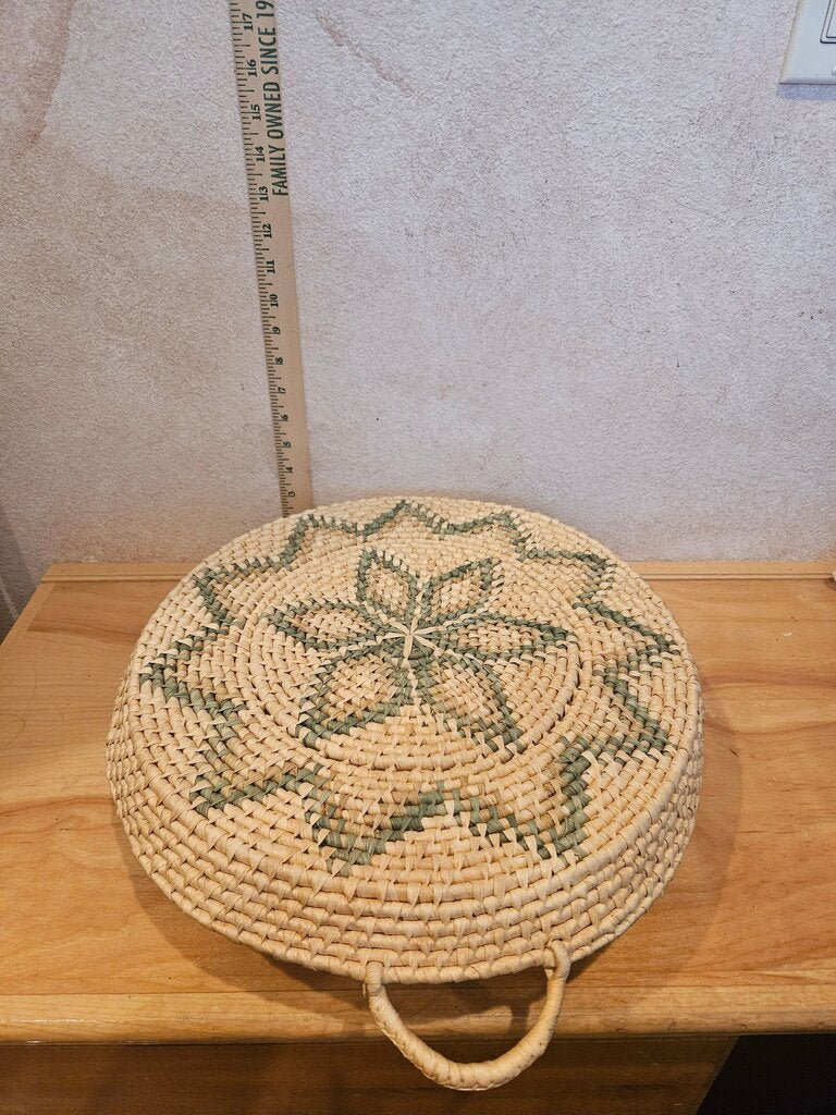 vintage coiled woven grass basket tray, rustic modern bohemian wall hanging plant pot display holder