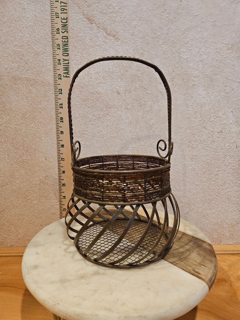 Metal and wicker Basket Brown Bronze Gold Two Toned Braided Ornate Display Decor