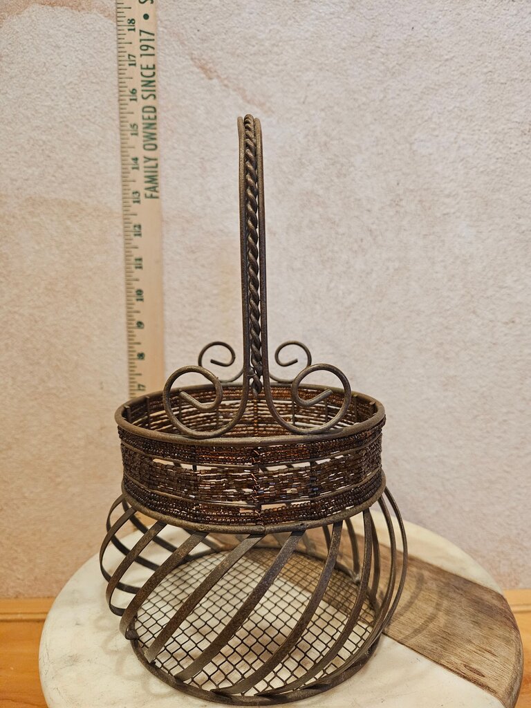 Metal and wicker Basket Brown Bronze Gold Two Toned Braided Ornate Display Decor