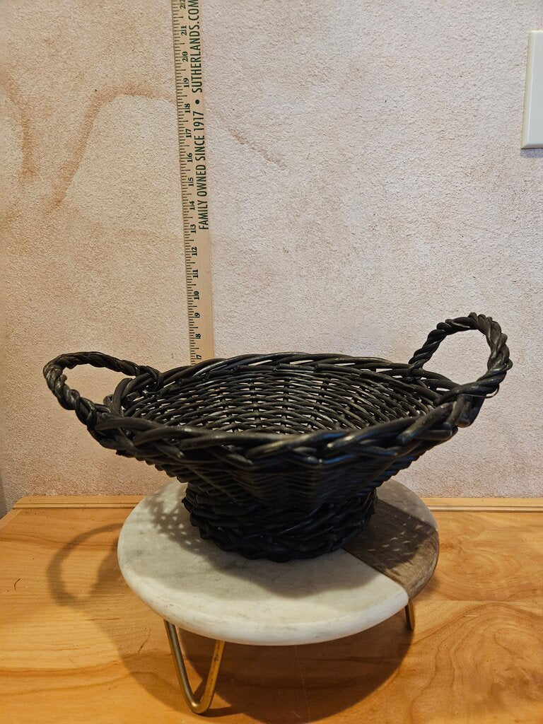 Vintage woven Wicker gothic black Basket w Two Handles, Farmhouse, Country Cottage, Chic whimsigoth wicken Halloween display