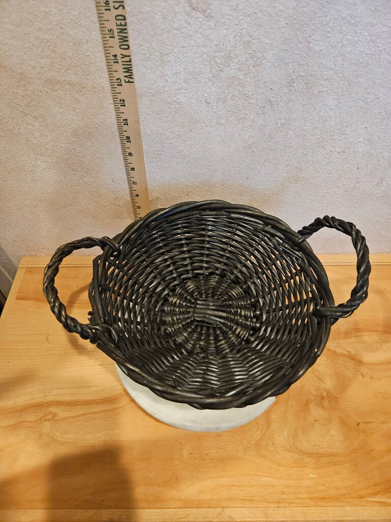 Vintage woven Wicker gothic black Basket w Two Handles, Farmhouse, Country Cottage, Chic whimsigoth wicken Halloween display