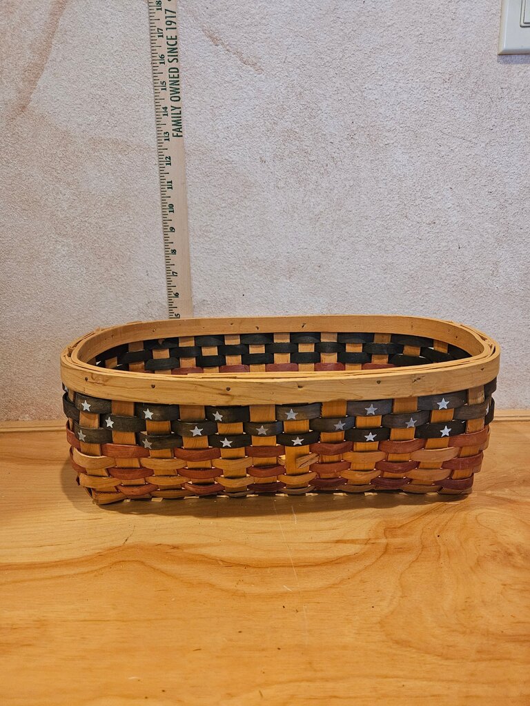 Flags and Stripes Fourth of July patriotic Decorative Basket w Stars broken handle
