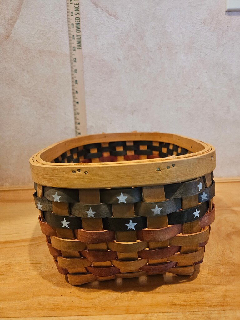 Flags and Stripes Fourth of July patriotic Decorative Basket w Stars broken handle