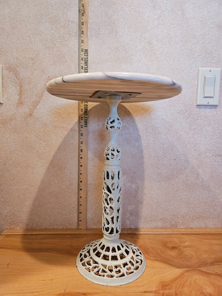 Vintage Reticulated Regency Hollywood Brass Carrara Marble-Top Pedestal Table / Plant Stand Side Table