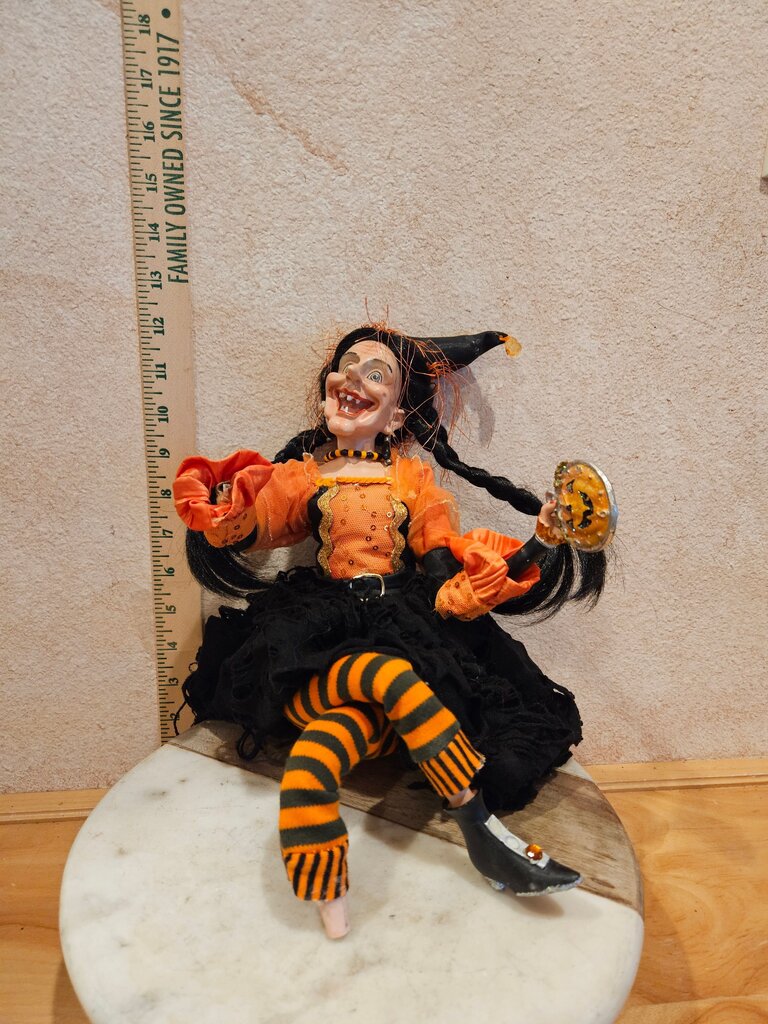 Mythical Halloween Enchanted Fairy Pixie Fantasy Shelf Sitting Elf Doll Haunted Witch in Orange Black Dress broken body parts