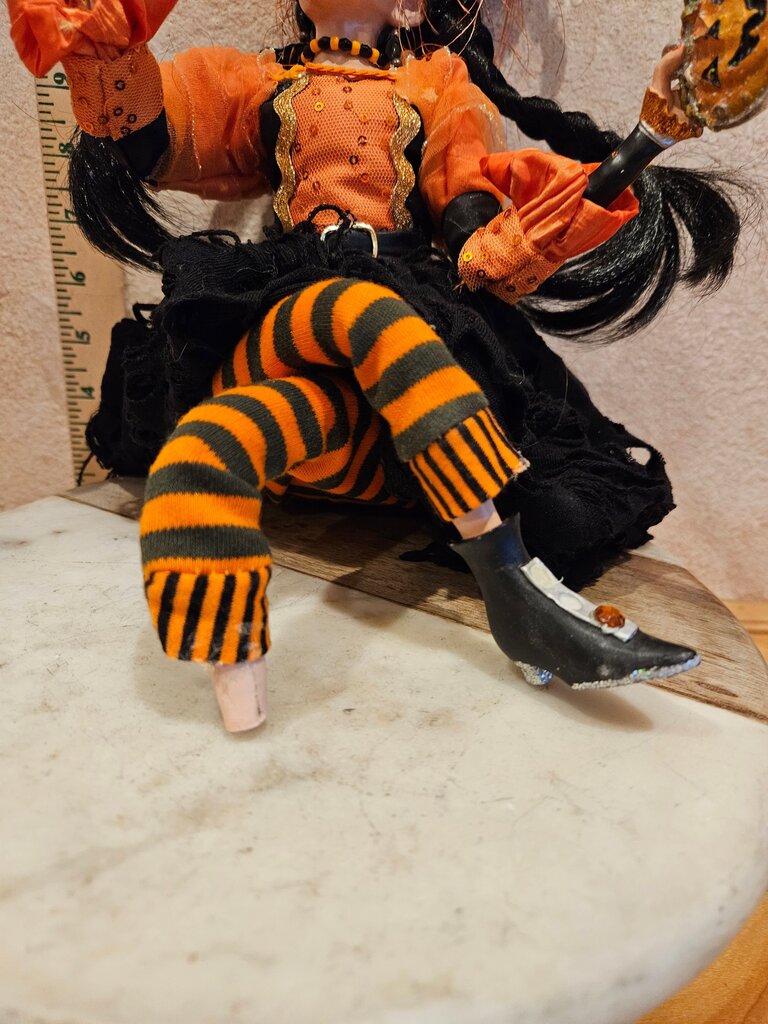 Mythical Halloween Enchanted Fairy Pixie Fantasy Shelf Sitting Elf Doll Haunted Witch in Orange Black Dress broken body parts