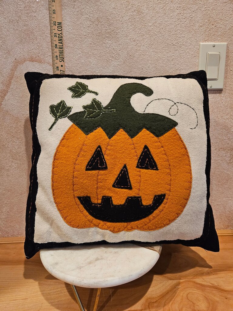 Halloween Jack O Lantern Pumpkin pillow. Wool/cotton blend 16" x 16"