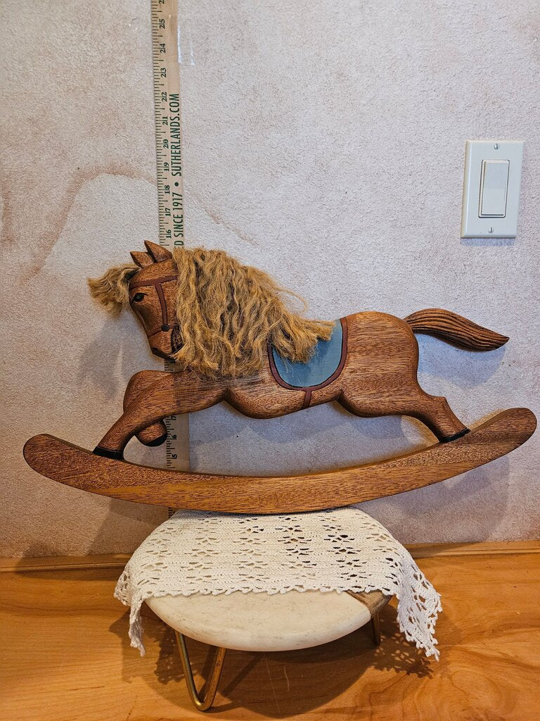 Vintage Large Hand Carved Wooden Primitive Farmhouse Rustic Rocking Horse w twine horsehair hand painted