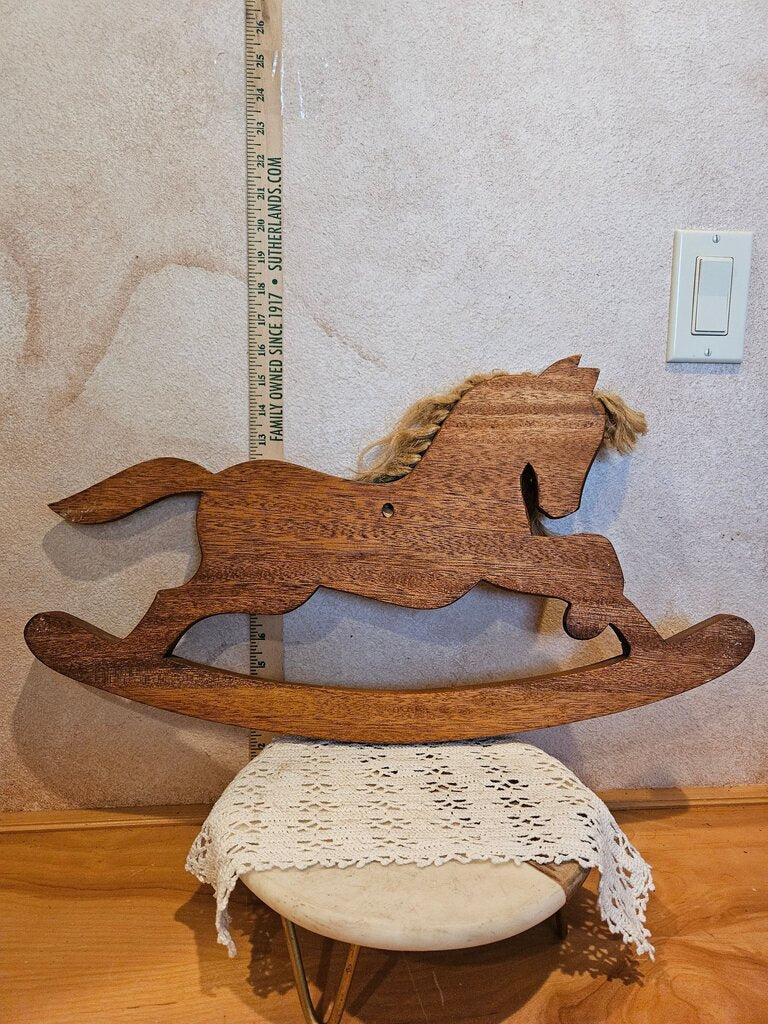 Vintage Large Hand Carved Wooden Primitive Farmhouse Rustic Rocking Horse w twine horsehair hand painted