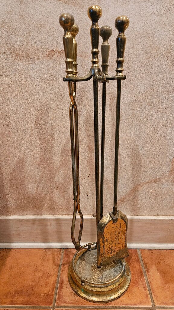 Vintage Brass Fireplace Tool Set log grabbers poker fire cleaner set