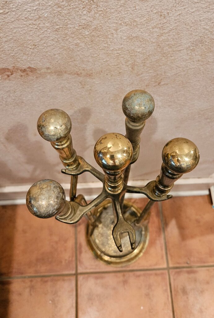 Vintage Brass Fireplace Tool Set log grabbers poker fire cleaner set