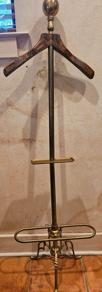 Men's Brass WOOD VALET STAND, Vintage gentlemen's Clothes Buttler Clothing organizer, Coin Change Tray, Pants Holder, Brass Acanthus leaf Tripod w Hoof foot