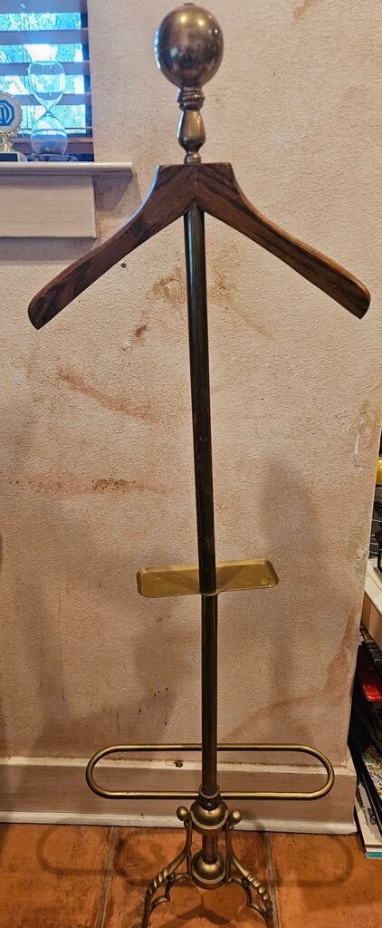 Men's Brass WOOD VALET STAND, Vintage gentlemen's Clothes Buttler Clothing organizer, Coin Change Tray, Pants Holder, Brass Acanthus leaf Tripod w Hoof foot