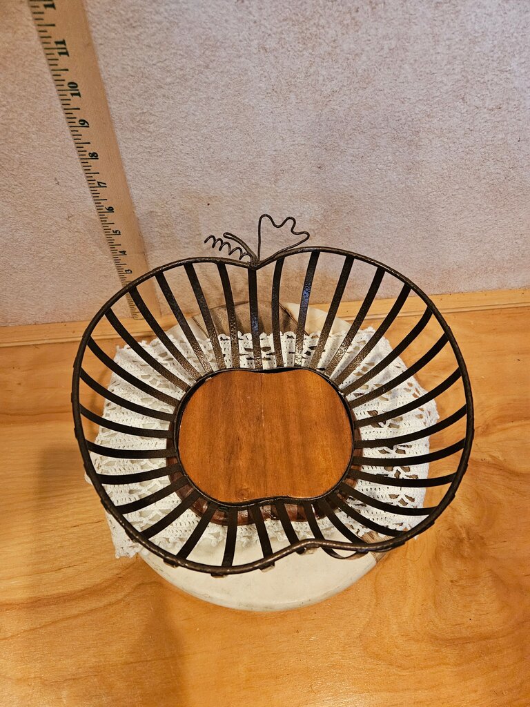 Vintage Metal Wire Basket Fruit Bow Apple shape w wood base insert counter top food organizer display