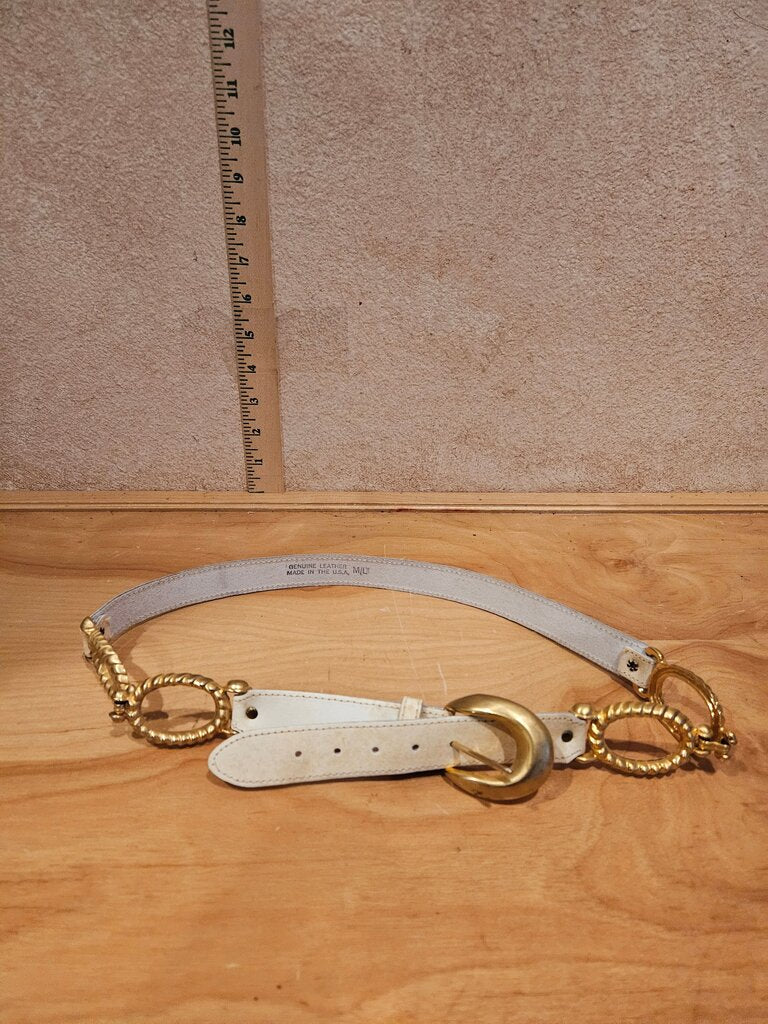 White Leather Belt with Gold Accents