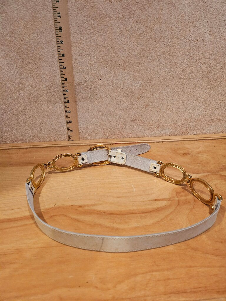 White Leather Belt with Gold Accents