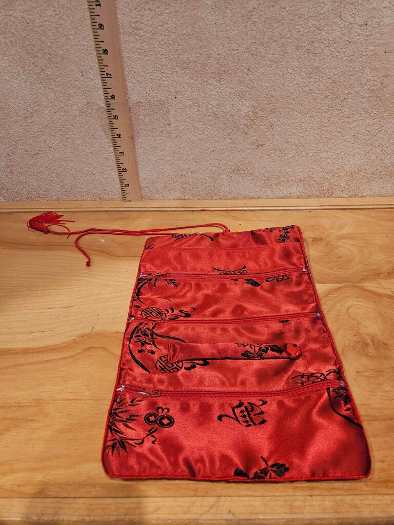 Red Silk Jewelry Roll Organizer