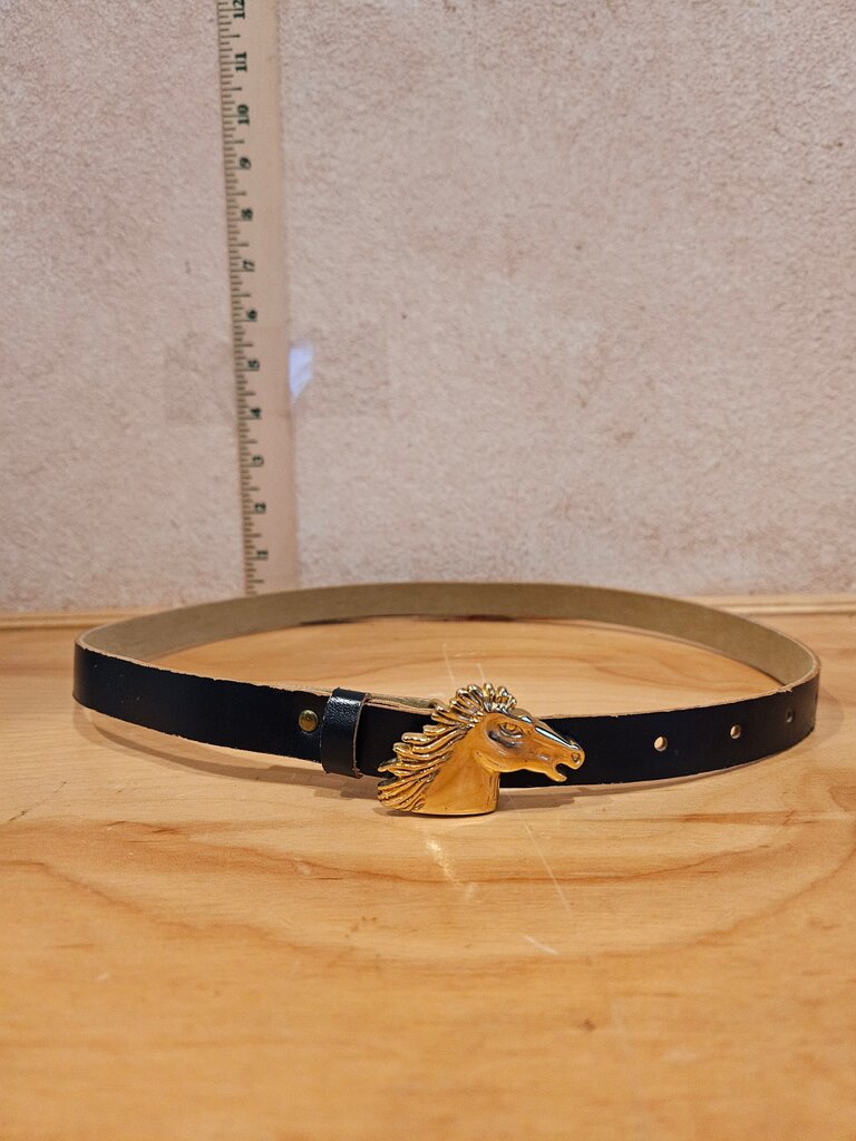 Vintage Black Leather Belt with Horse Head Buckle