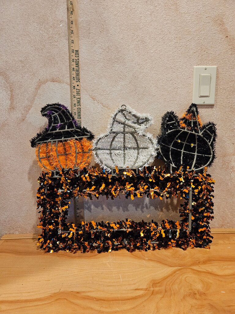 Halloween Decorative Tinsel Frame with Cat, Ghost, and Pumpkin Cute Child Friendly Halloween Tinsel Sign