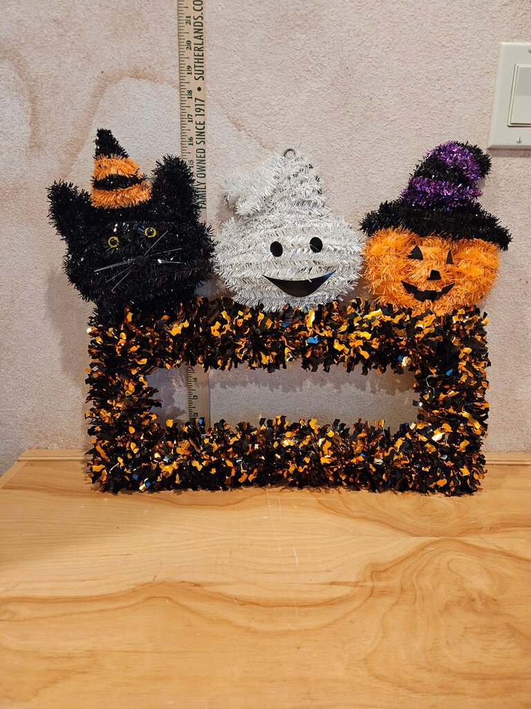 Halloween Decorative Tinsel Frame with Cat, Ghost, and Pumpkin Cute Child Friendly Halloween Tinsel Sign