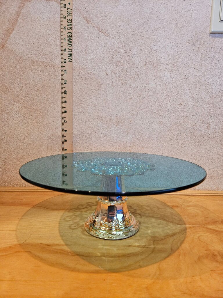 Vintage Blue Glass Cake Stand w Silver Pedestal Base Modern Dessert Display, cloche riser, table display