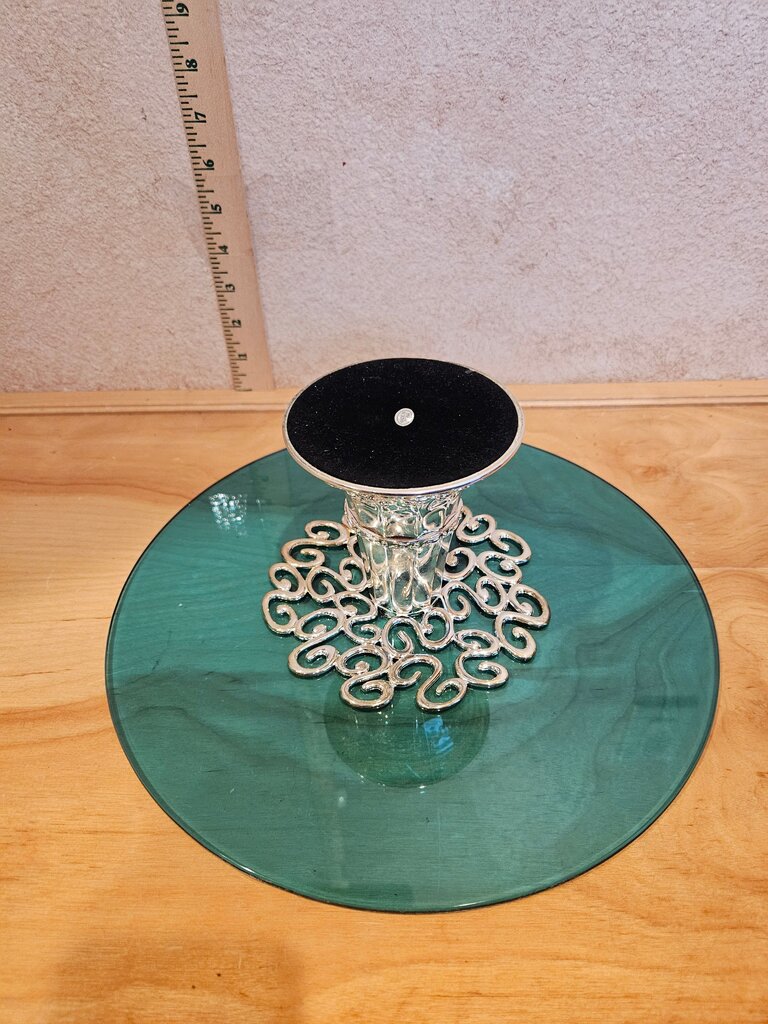 Vintage Blue Glass Cake Stand w Silver Pedestal Base Modern Dessert Display, cloche riser, table display