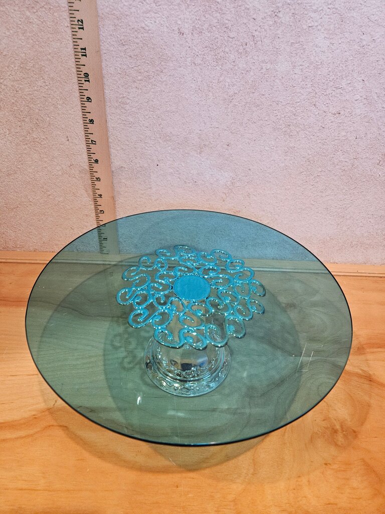 Vintage Blue Glass Cake Stand w Silver Pedestal Base Modern Dessert Display, cloche riser, table display