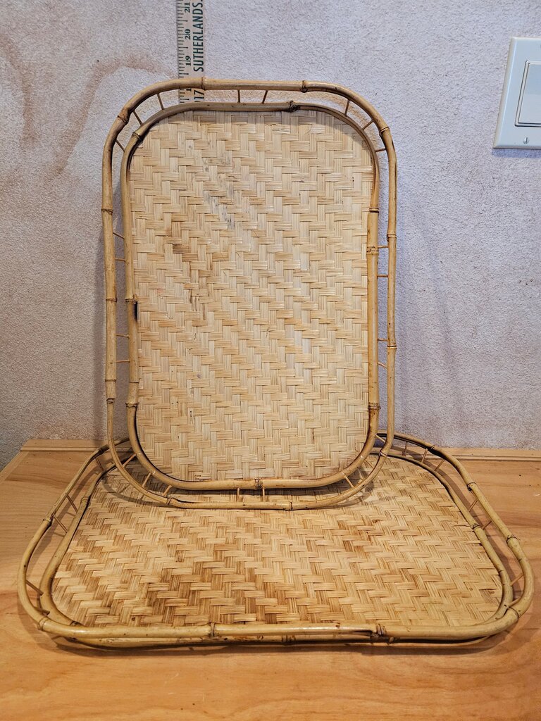Set of 2 As Is Vintage Rattan Bamboo Trays w Handles Natural Boho Serving, Decor Display Boho Beach