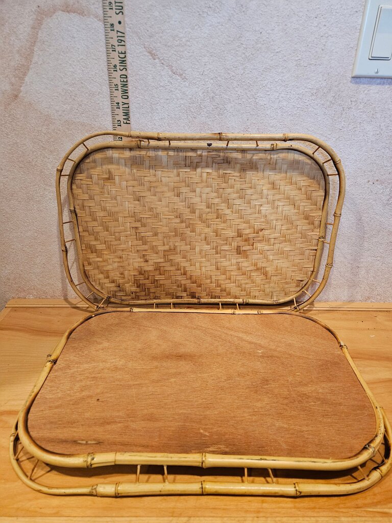 Set of 2 As Is Vintage Rattan Bamboo Trays w Handles Natural Boho Serving, Decor Display Boho Beach