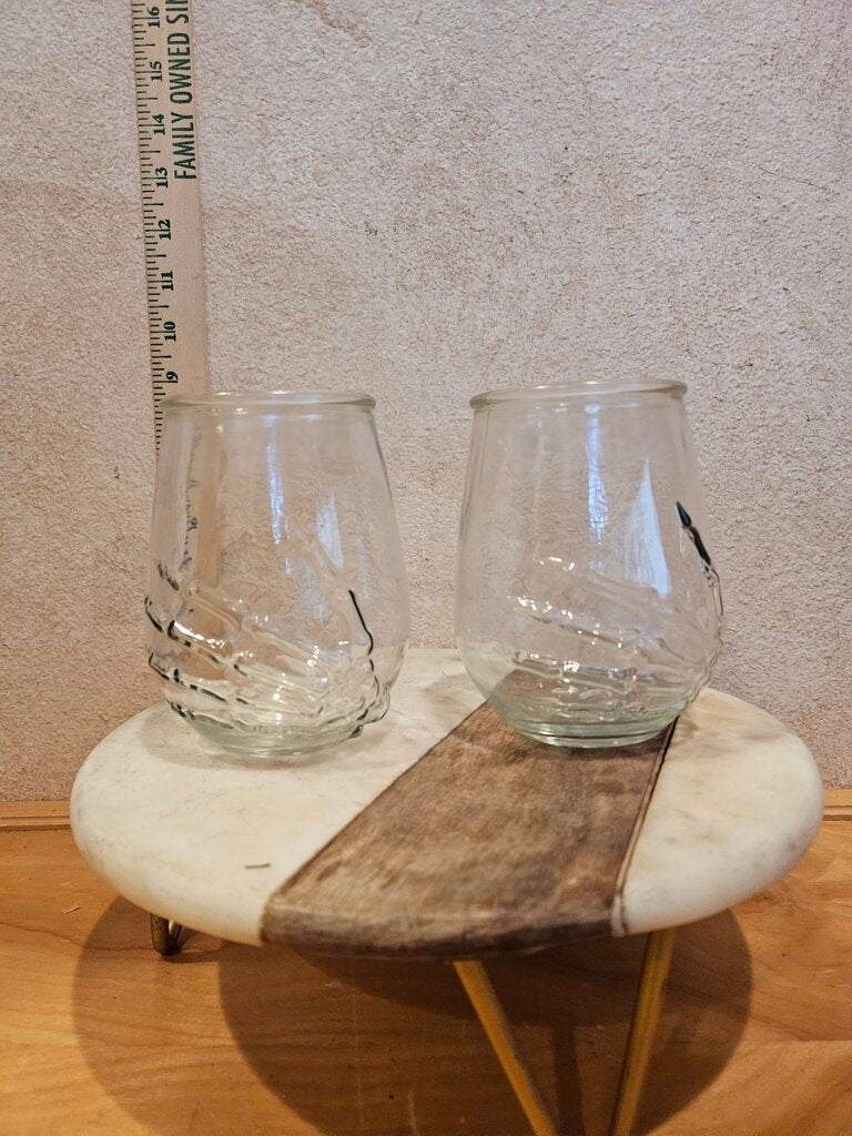 2 Halloween Skeleton Hand Glasses 4.75" Stemless Wine Tumblers Votive Holders Clear Glass Tumblers