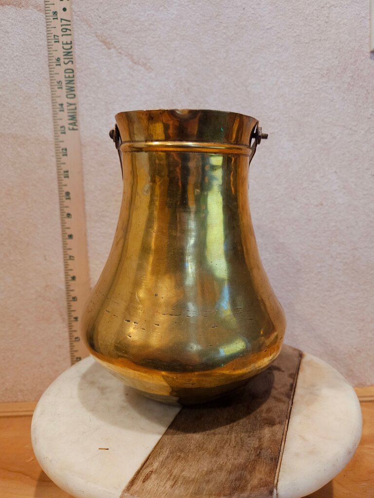 Vintage / Antique Unique Brass Water Pitcher Pot w handle and hook to hang over stove or fireplace probably European repurpose as dried flower vase etc, display vessel