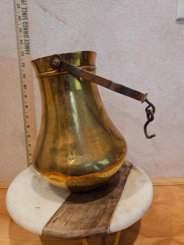 Vintage / Antique Unique Brass Water Pitcher Pot w handle and hook to hang over stove or fireplace probably European repurpose as dried flower vase etc, display vessel
