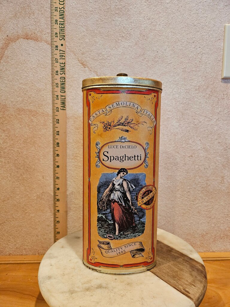 Vintage Antiqued Looking Italian Spaghetti Tin Pasta Semolina Italia Luce DeCielo Since 1885